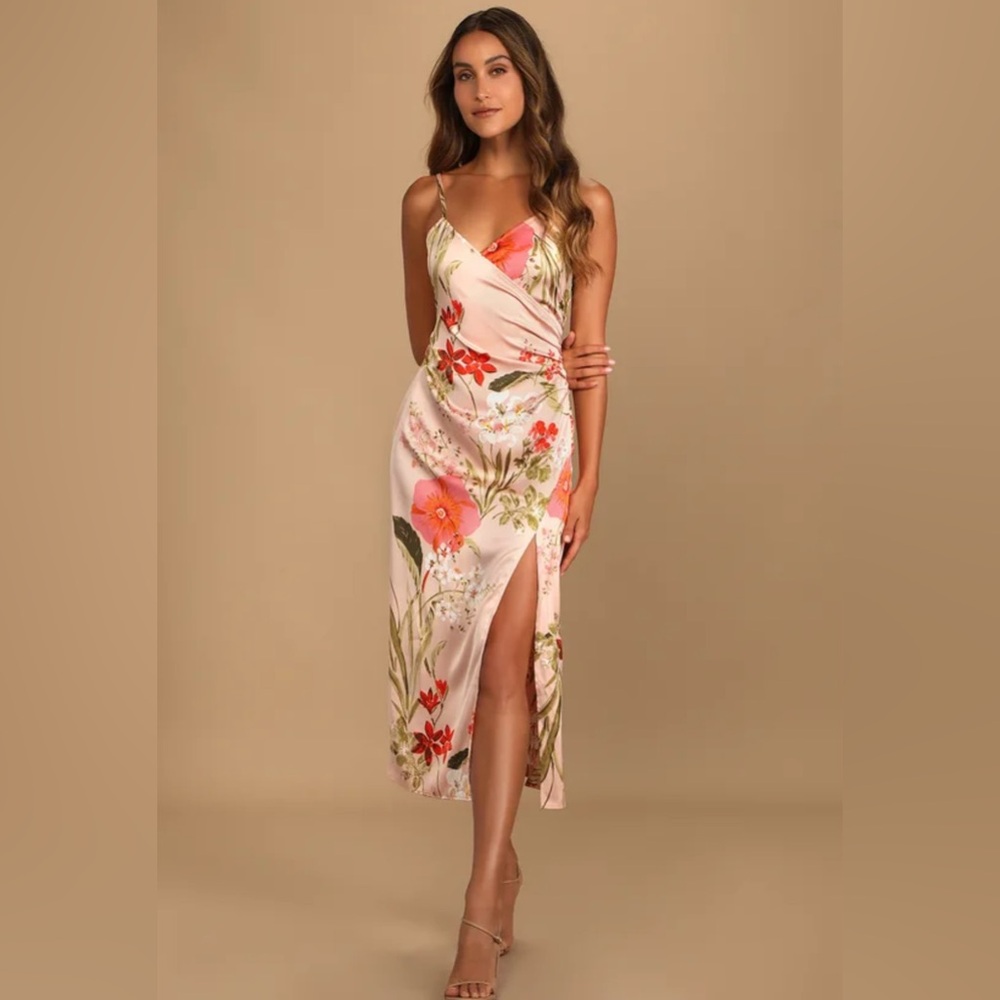 Pink Floral Print Satin Midi Dress